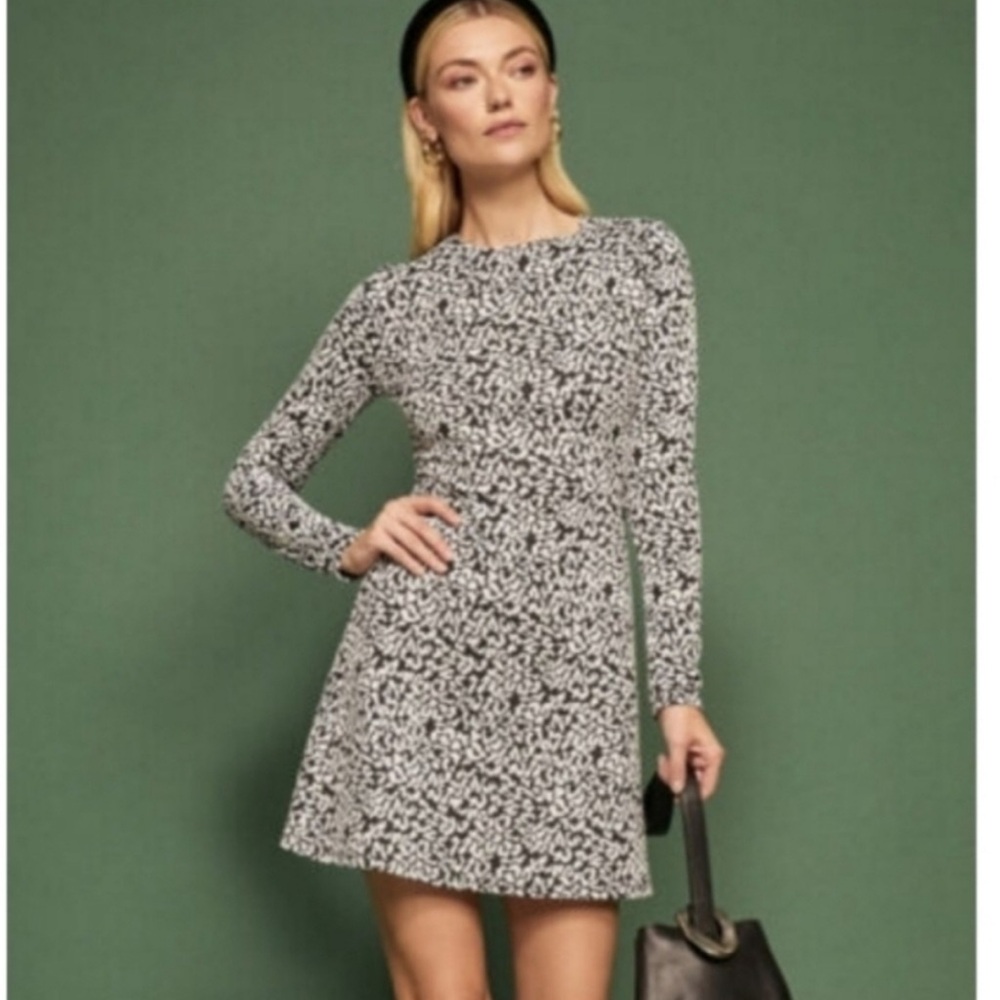 Reformation Black White print Long Sleeve Mini Dress Event Party Birthday - Picture 9 of 11